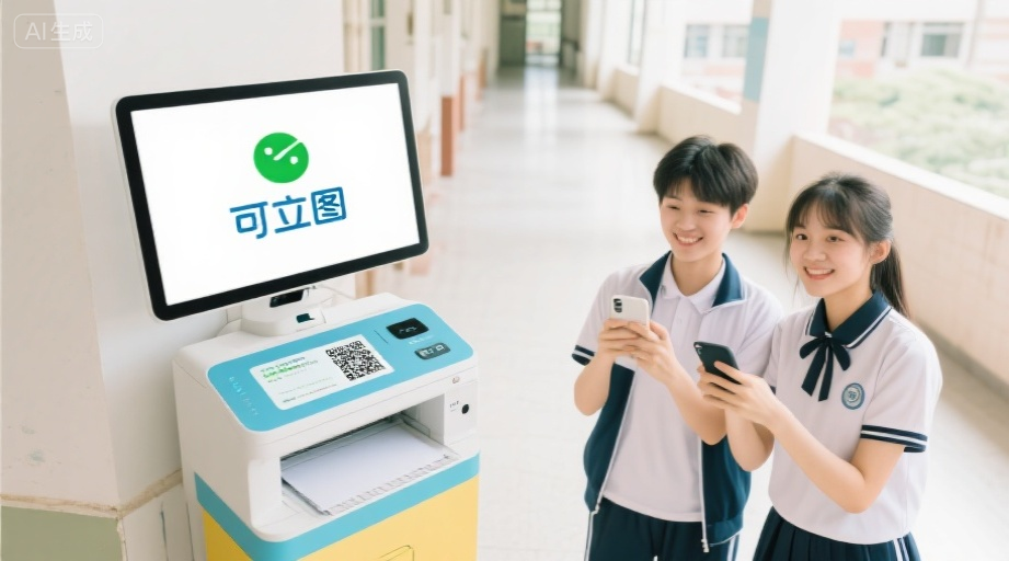 学生在自助打印机前扫码